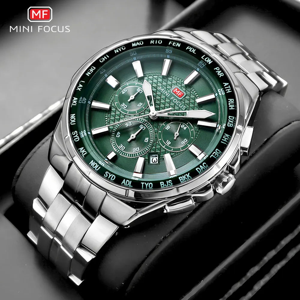 MINI FOCUS Moda Casual Relógio de Quartzo para Homens Relógio de Pulso Multifuncional com Mãos Luminosas Banda de Aço Cronógrafo Calendário Data