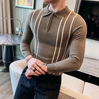 2024 outono inverno nova camisola listrada para homens moda zíper flip colarinho de malha camisa polo masculina manga longa magro casual puxar