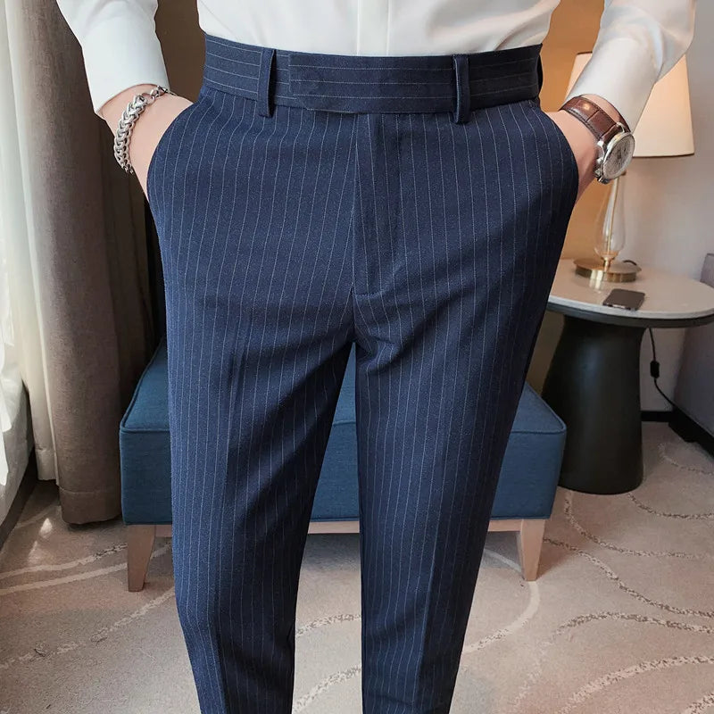 Estilo britânico listrado fino ajuste terno pant homens negócios casual simples vestido calças de alta qualidade social festa de casamento 38-28