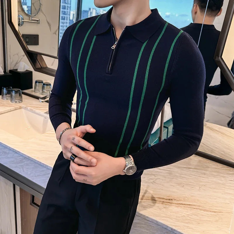 2024 outono inverno nova camisola listrada para homens moda zíper flip colarinho de malha camisa polo masculina manga longa magro casual puxar
