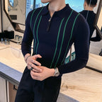 2024 outono inverno nova camisola listrada para homens moda zíper flip colarinho de malha camisa polo masculina manga longa magro casual puxar