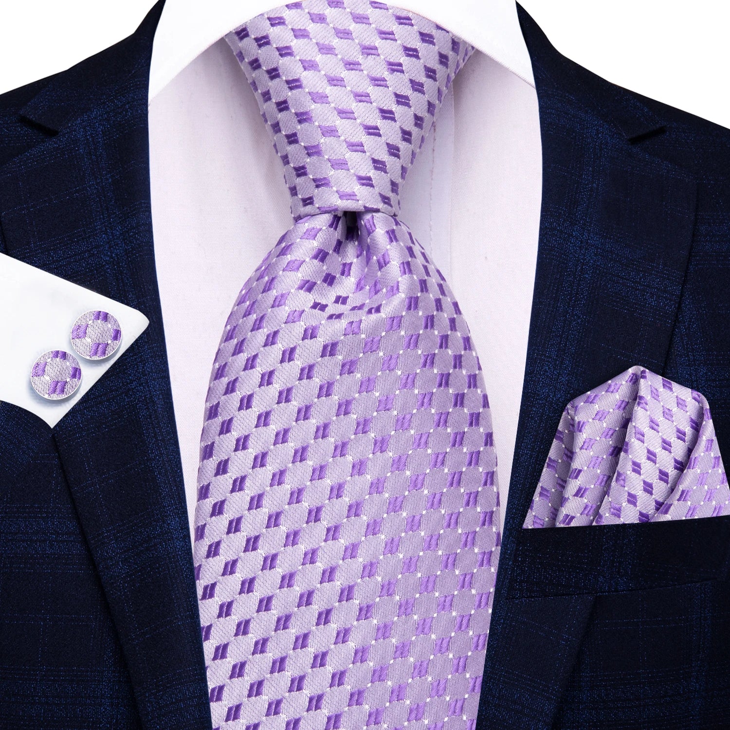 Hi-tie masculino elegante gravata lenço abotoaduras 3 pçs conjunto xadrez azul claro para smoking moda clássico seda luxo gravata para homem