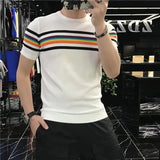 Camiseta de malha listra colorida masculina, manga curta, gola O, streetwear casual, verão, 2022