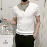 Verão fino pulôver meia gola alta camiseta masculina de malha manga curta topo masculino cor sólida camisola magro camiseta streetwear