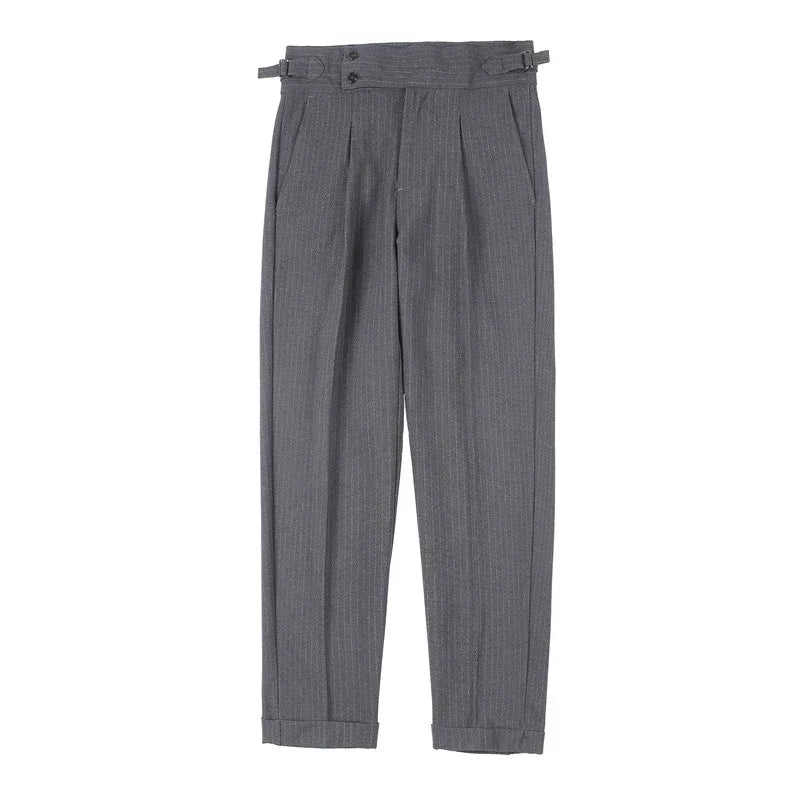 Estilo britânico outono novo vestido de cintura alta calças homens cinto design listras terno fino calças formal casamento festa social calças masculinas