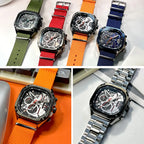 Megir relógio de quartzo preto masculino, à prova d'água, mostrador quadrado, relógio de pulso com cronógrafo, pulseira de aço inoxidável, mãos luminosas, data automática
