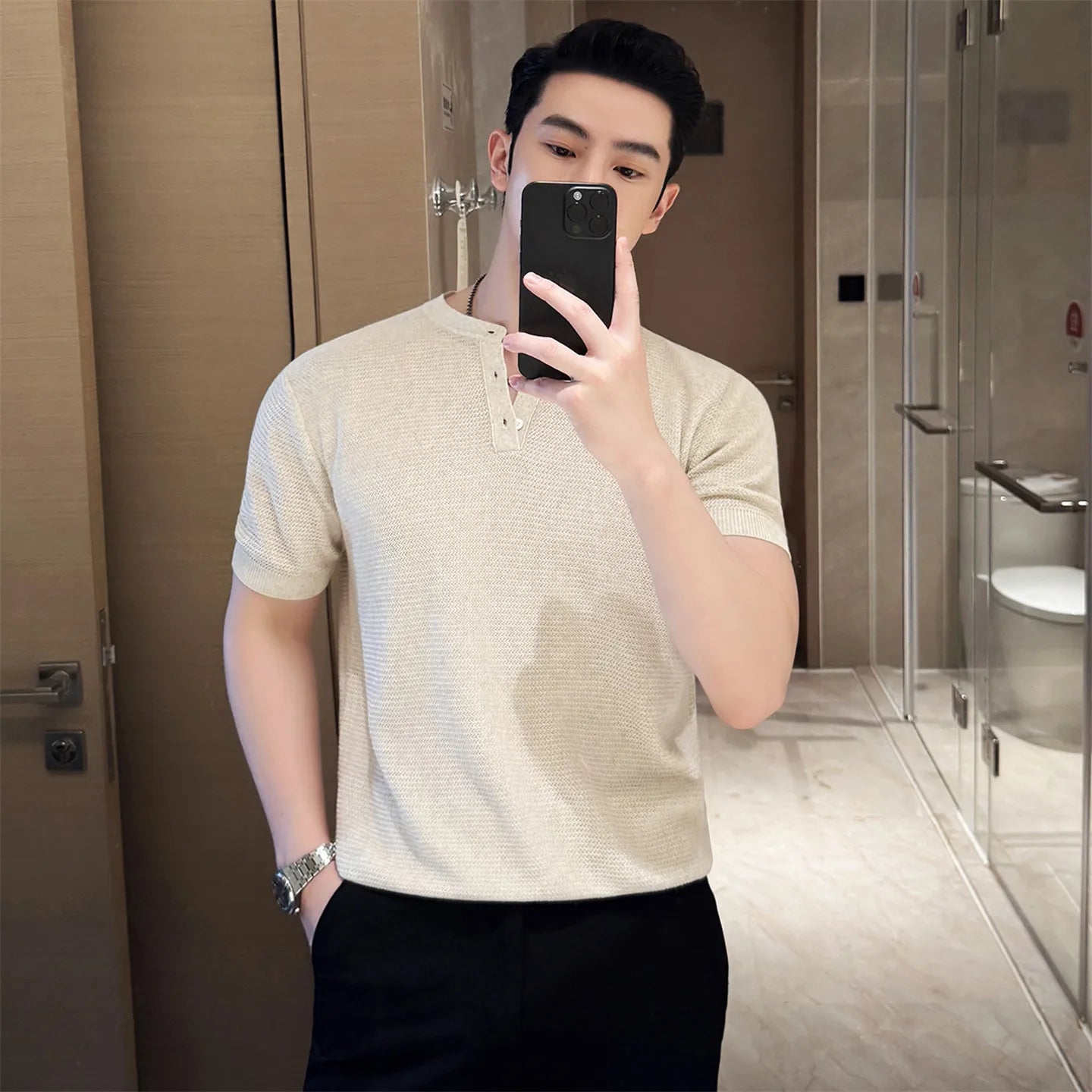 Verão fino gelo seda malha camiseta dos homens elasticidade malha casual t camisa masculina manga curta fino ajuste respirável topos t homme