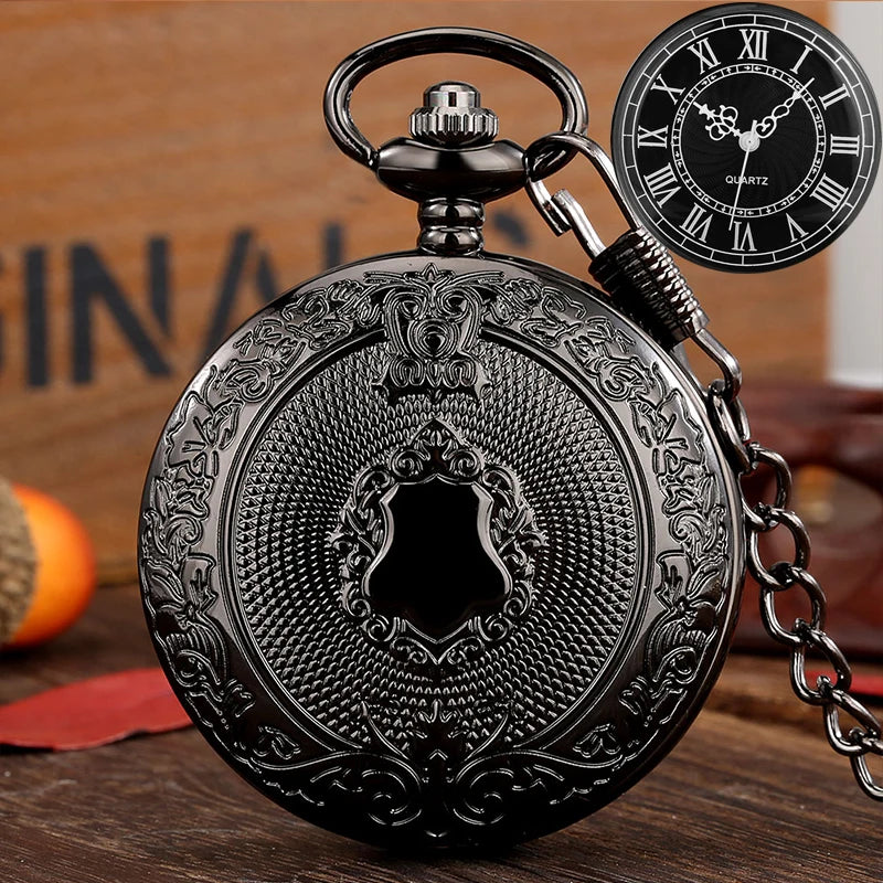 Luxo prata escudo coroa padrão relógio de bolso de quartzo moda colar pingente corrente jóias presente steampunk relógio para homem