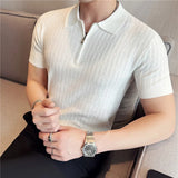 Verão gelo seda oco malha polos camisa de alta qualidade dos homens manga curta listrado negócios casual camiseta topos roupas masculinas 3xl