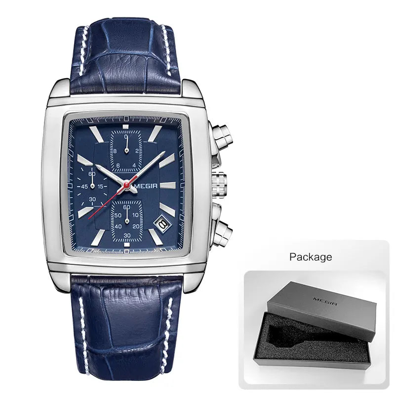 Megir retângulo dial pulseira de couro relógio para homem casual azul cronógrafo relógios de quartzo homem relógio de pulso montre reloj Часы m �