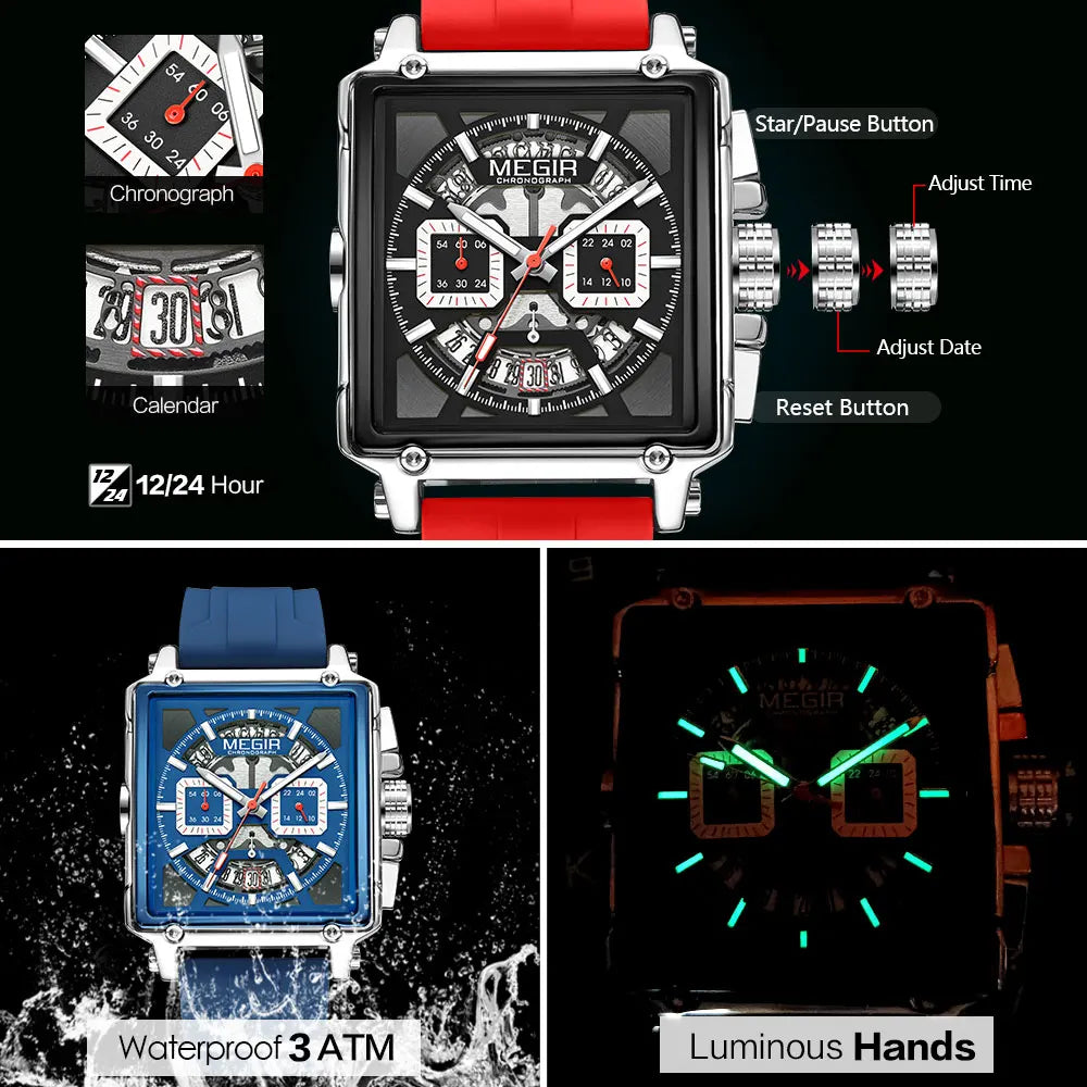 MEGIR-Relógio de quartzo quadrado masculino, moda, impermeável, luminoso, cronógrafo, data, azul, Silicone Strap, esporte, 2233
