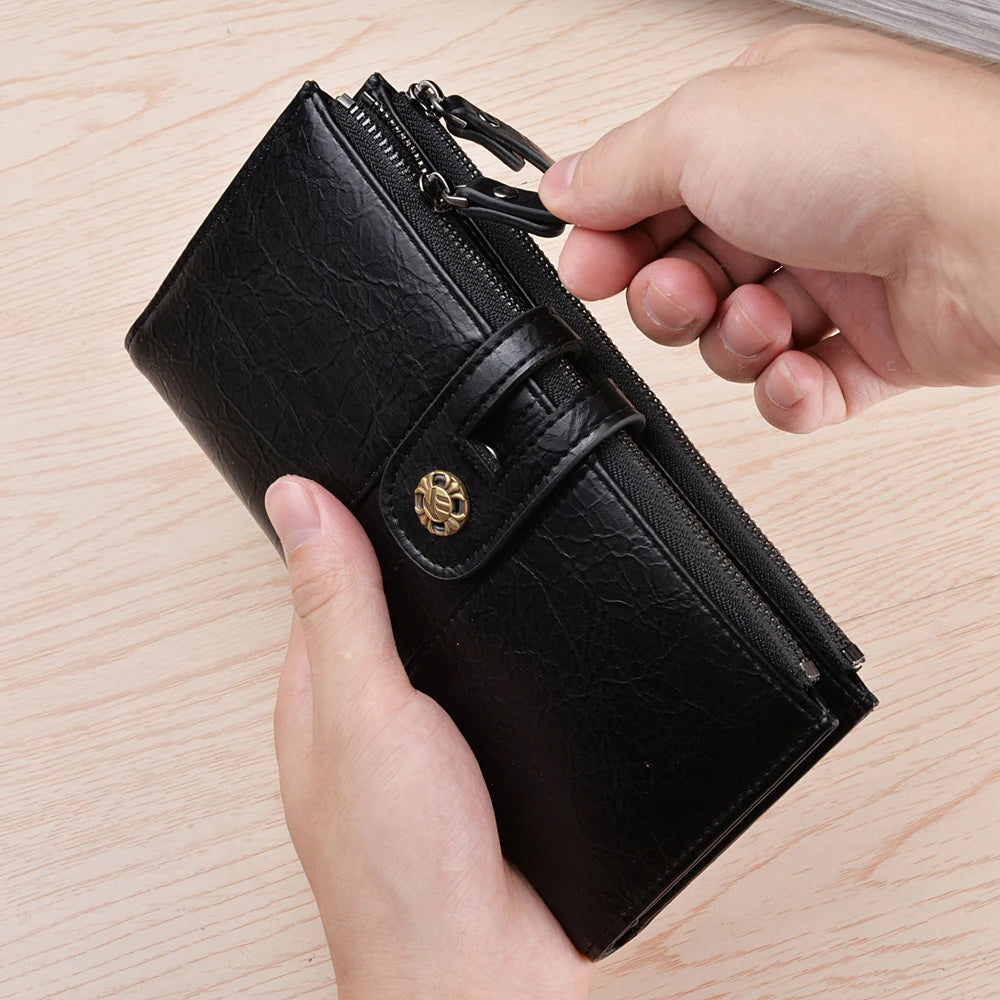 Carteira longa masculina de couro PU com zíper duplo carteira dobrável casual porta cartão de crédito carteira masculina