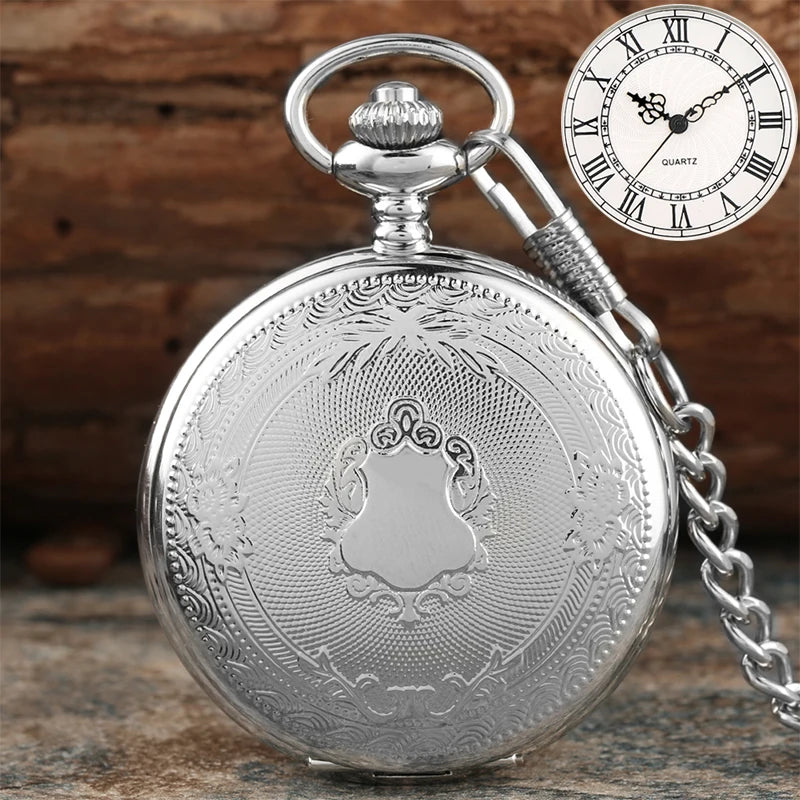 Luxo prata escudo coroa padrão relógio de bolso de quartzo moda colar pingente corrente jóias presente steampunk relógio para homem