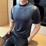 Primavera verão moda couro do plutônio emendado camiseta masculina 2025 novo ajuste fino meia gola alta elástica manga curta camiseta 4xl-m