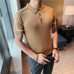 Cor bloqueada listrado camisa polo de malha dos homens verão manga curta lapela gelo seda t masculino fino negócios polos sociais streetwear