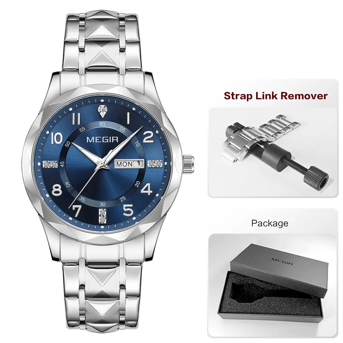 Megir relógio masculino de quartzo com pulseira de aço inoxidável, relógio de pulso estilo simples e data do dia, calendário, caixa de liga