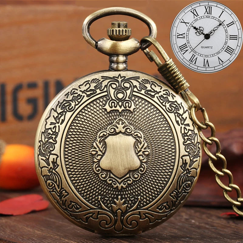 Luxo prata escudo coroa padrão relógio de bolso de quartzo moda colar pingente corrente jóias presente steampunk relógio para homem