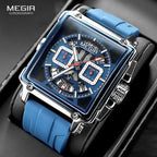 MEGIR-Relógio de quartzo quadrado masculino, moda, impermeável, luminoso, cronógrafo, data, azul, Silicone Strap, esporte, 2233