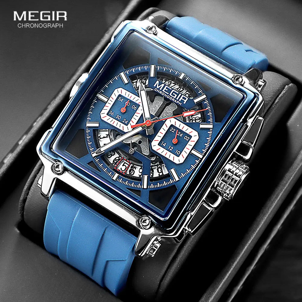 MEGIR-Relógio de quartzo quadrado masculino, moda, impermeável, luminoso, cronógrafo, data, azul, Silicone Strap, esporte, 2233