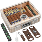 Caixa de charutos Humidor, com guilhotina cortadora, corte V, perfurador e suporte, caixa de charutos com tampo de vidro, forro de madeira de cedro, higrômetro umidificador