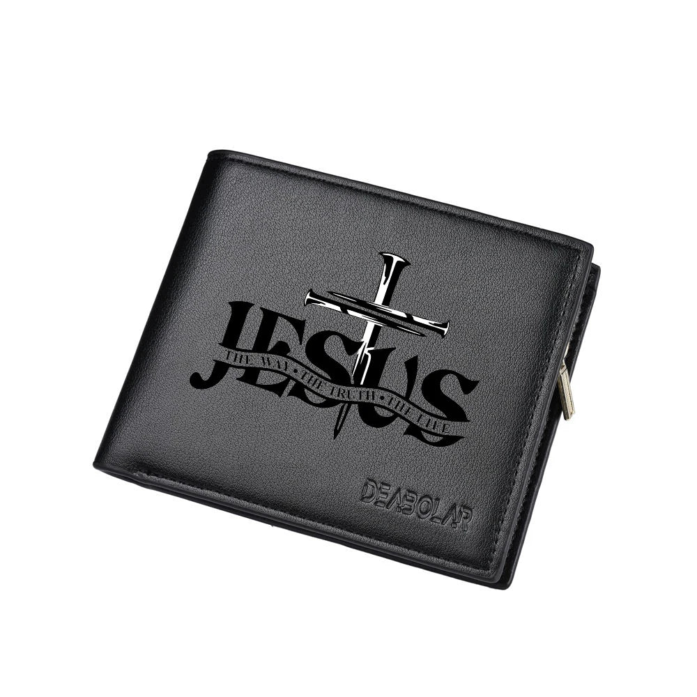 Carteira curta masculina negócios retro jesus padrão multi-slot para cartão zíper moeda bolso carteira masculina de alta qualidade