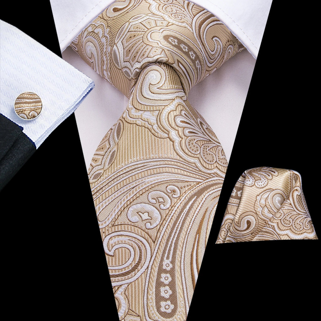 Hi-tie floral champanhe marfim masculino elegante gravata lenço abotoaduras para smoking moda clássico seda gravata de luxo para homem