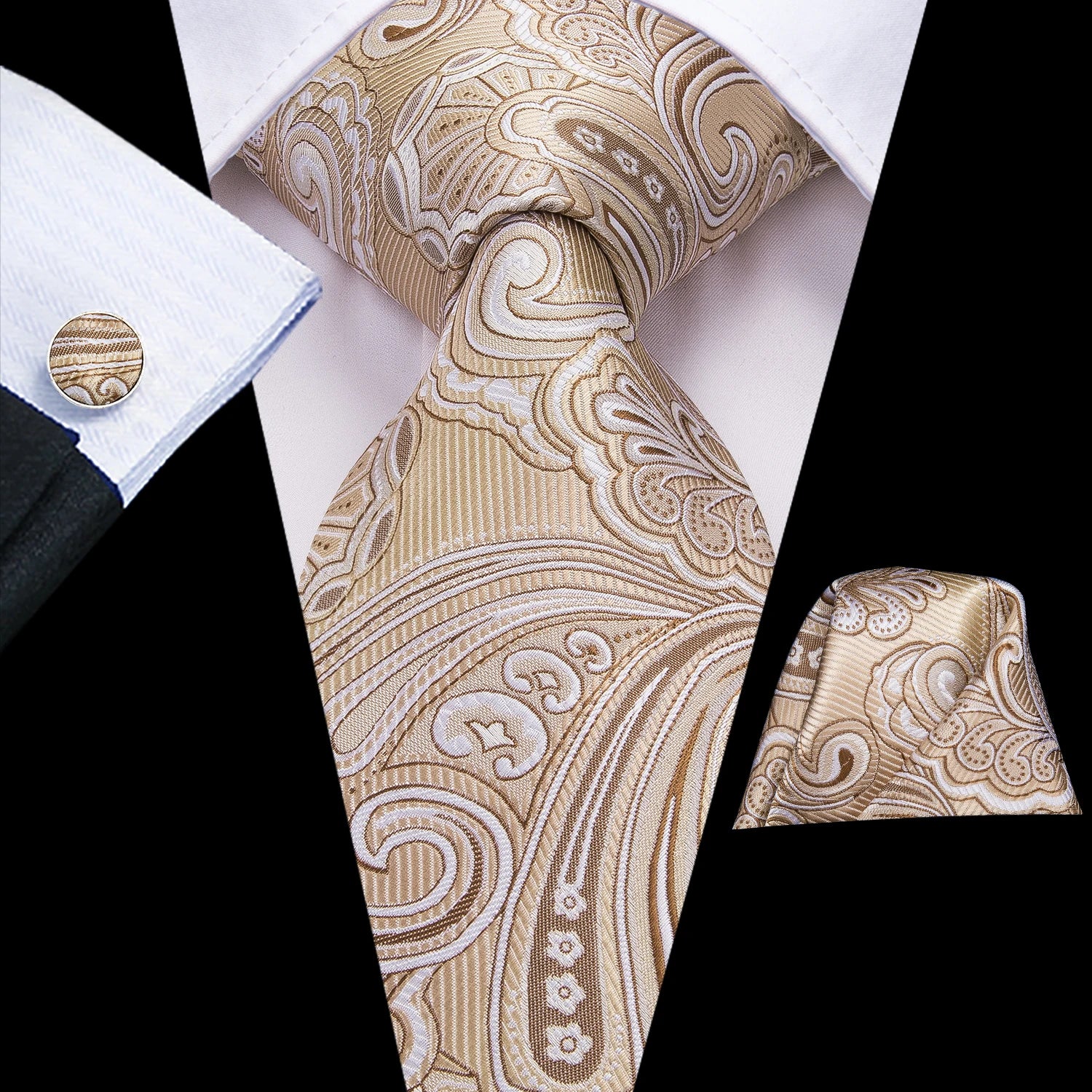 Hi-tie floral champanhe marfim masculino elegante gravata lenço abotoaduras para smoking moda clássico seda gravata de luxo para homem