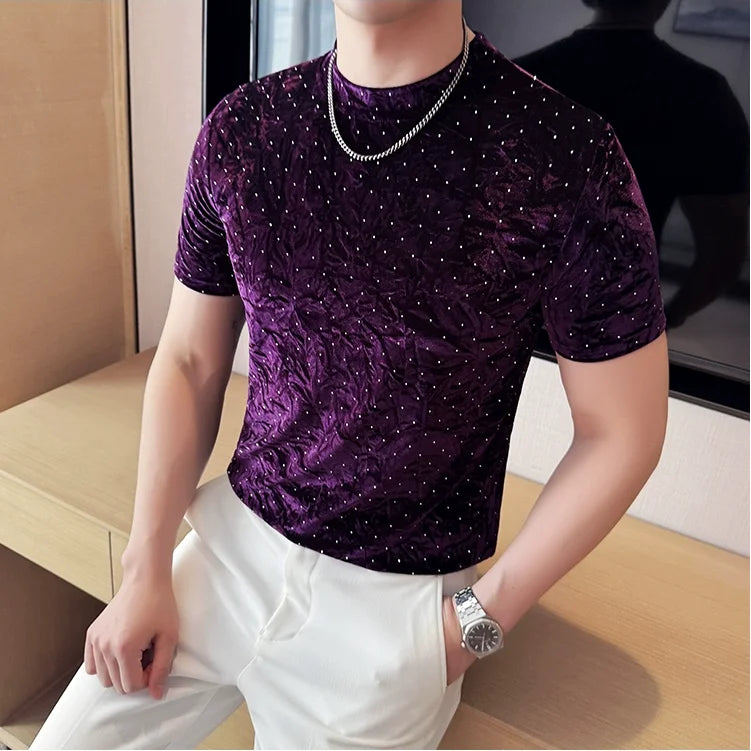 Camiseta bronzeadora de veludo dourado primavera verão novo o-pescoço moda masculina fino ajuste casual respirável t camisa pulôver roupas masculinas
