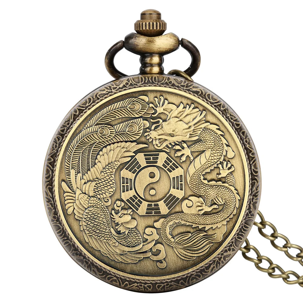 Vintage bronze chinês retro tai chi fofoca banish mau sorte relógio de bolso de quartzo colar pingente melhor amigo amizade jóias