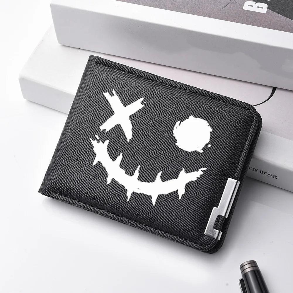 Carteira masculina de couro PU impressa com desenhos animados com vários slots para cartões Slim Funny Expression Design Carteira compacta elegante