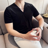 Camisetas elásticas com decote em v de veludo 2025 verão novo ajuste fino respirável manga curta camiseta cor sólida moda casual camisetas