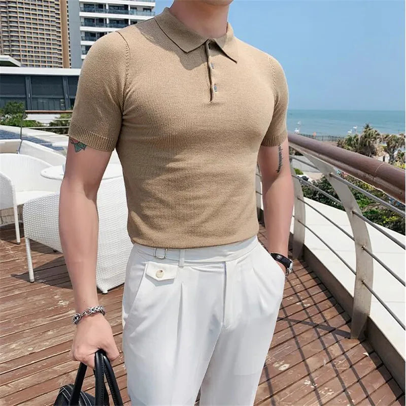 Camisa polo de manga curta Slim Fit masculina Polos de cor sólida, roupas formais de negócios casuais, novas marcas de moda, verão, 2022
