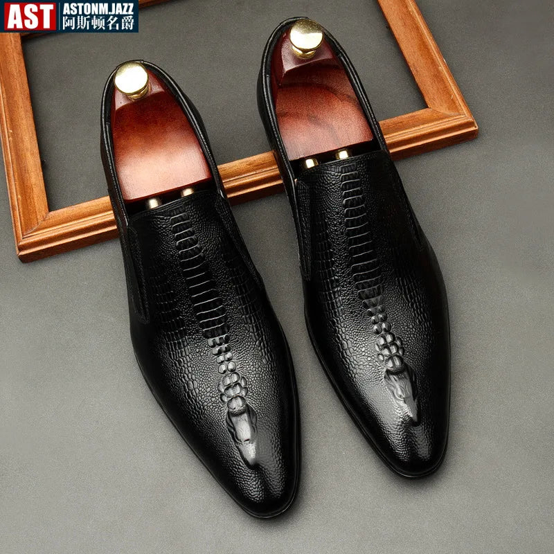 Sapato liso Oxford de couro genuíno masculino, preto, azul, padrão crocodilo, artesanal, sapatos formais, casamento, negócio, verão