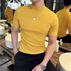 Outono inverno masculino meia alta pescoço manga curta camiseta coreano fino ajuste cor sólida camisa inferior casual algodão elástico camisetas