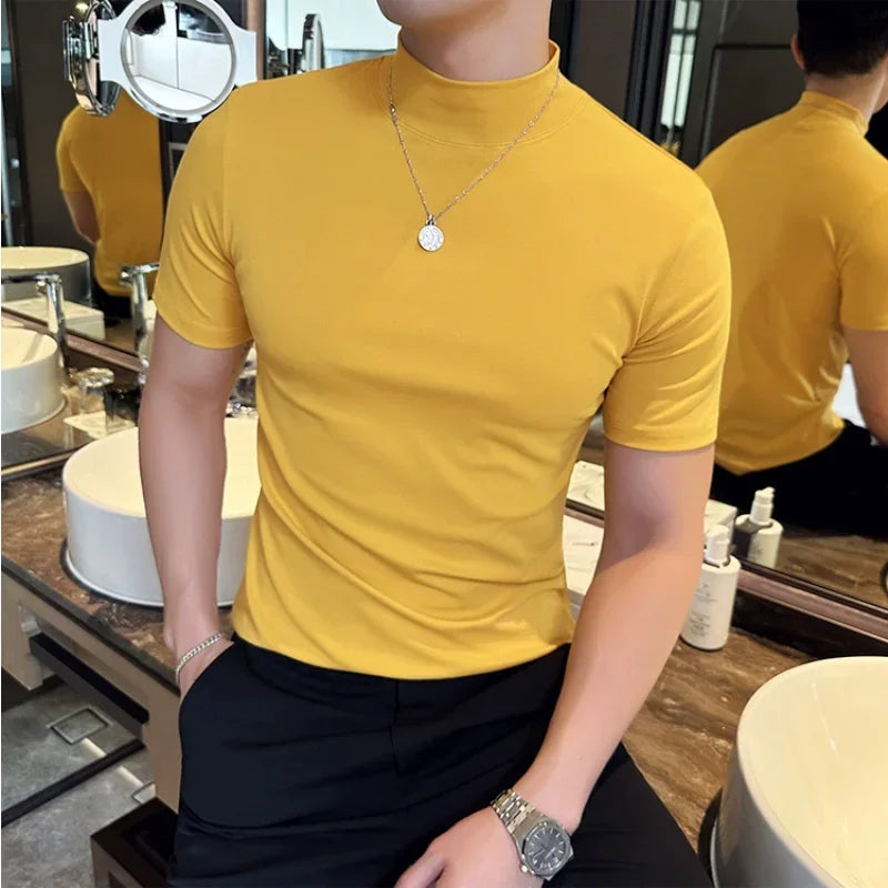 Outono inverno masculino meia alta pescoço manga curta camiseta coreano fino ajuste cor sólida camisa inferior casual algodão elástico camisetas