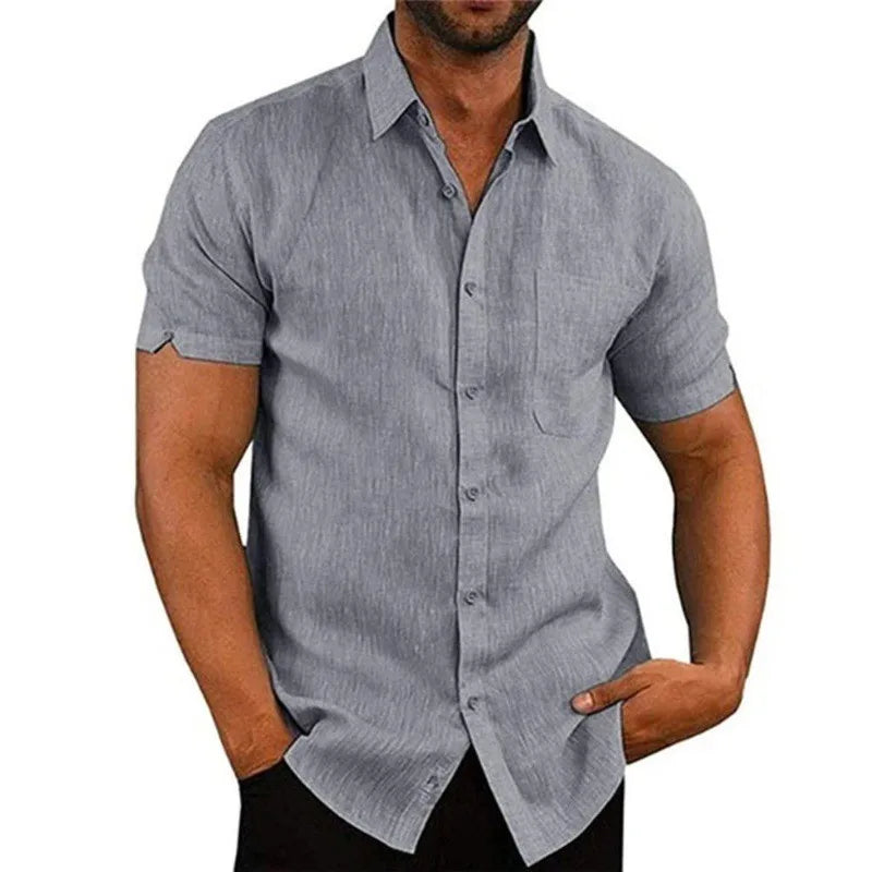 Camisa masculina de verão com gola polo sólida manga curta botão roupas masculinas