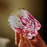 Copo de vinho de cristal rosa de luxo Edo Kiriko Copo de uísque Escultura à mão Padrão de chama Copo de água Licor Brandy Snifter Top Present