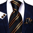 Hi-tie caixa de presente de luxo listrado dourado gravata macia lenço masculino conjunto de abotoaduras casamento alta qualidade