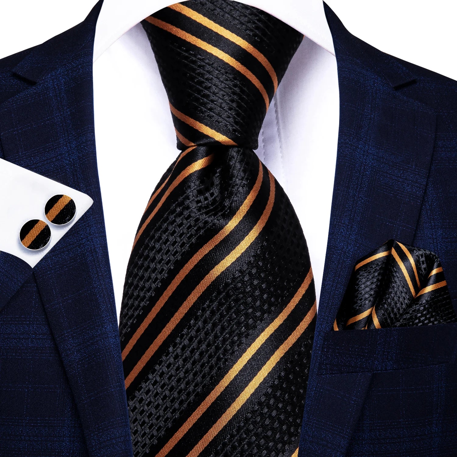 Hi-tie caixa de presente de luxo listrado dourado gravata macia lenço masculino conjunto de abotoaduras casamento alta qualidade