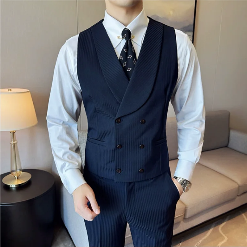 (Jaquetas + calças + colete) terno masculino listrado de luxo de alta qualidade duplo breasted elegante moda smoking formal noivo casamento terno social
