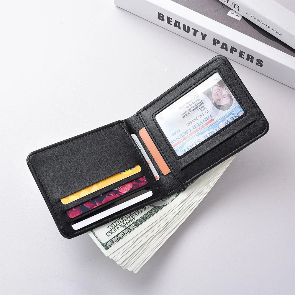 Mini carteira curta ultrafina para homens com cartão de identificação, slot para cartão bancário e janela fotográfica, carteira casual de negócios para homens jovens