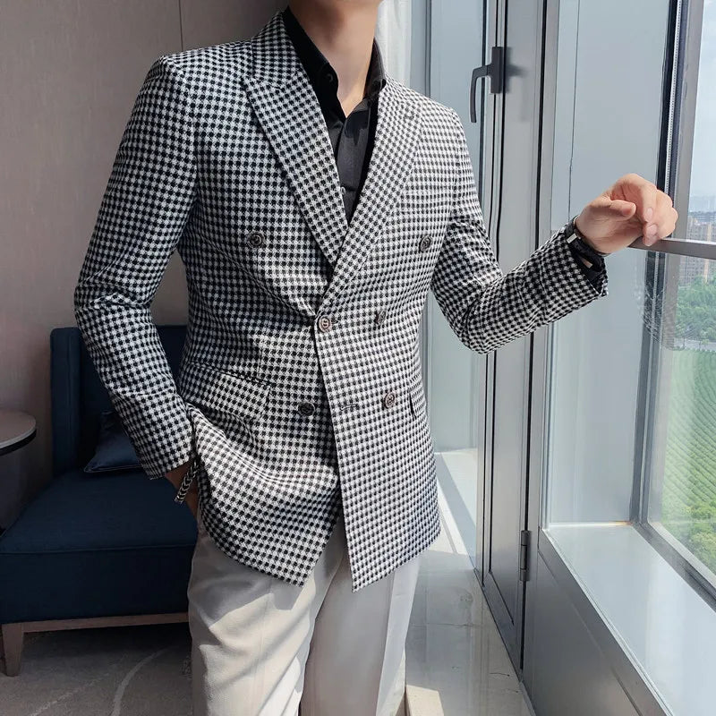 Estilo britânico fino ajuste houndstooth blazer para homens 2023 moda duplo breasted negócios escritório vestido de casamento terno jaqueta