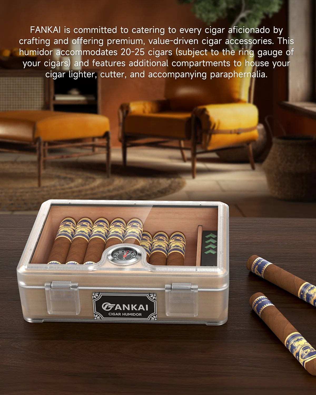 Caixa de charutos Humidor, com guilhotina cortadora, corte V, perfurador e suporte, caixa de charutos com tampo de vidro, forro de madeira de cedro, higrômetro umidificador
