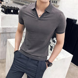 Polo com decote em v respirável masculino, manga curta, slim fit, camiseta monocromática, roupas de streetwear, nova moda, verão, 4XL, 2022