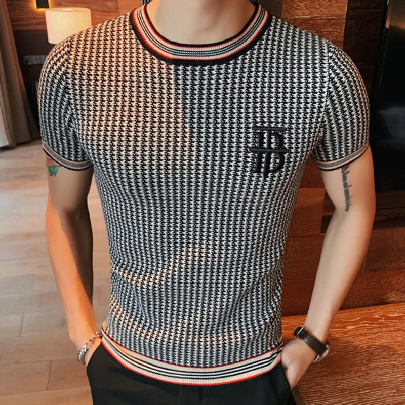 Estilo britânico mil pássaros verificar camiseta masculina novo bordado fino de malha t camisa masculina o-pescoço homme clube social outfits topo t
