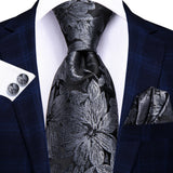 Hi-tie moda 8.5cm preto cinza floral masculino elegante gravata lenço abotoaduras conjunto acessórios de festa de casamento presente para homem gravat