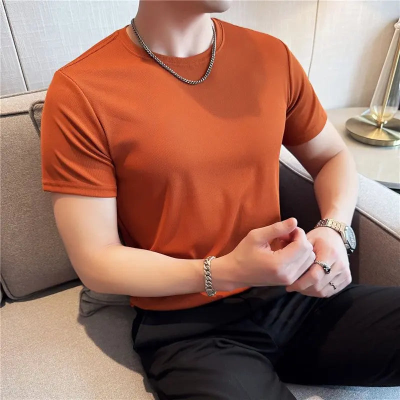 Verão fino gelo seda elástica cor sólida t camisa masculina manga curta fino ajuste gola redonda casual respirável camiseta roupas masculinas