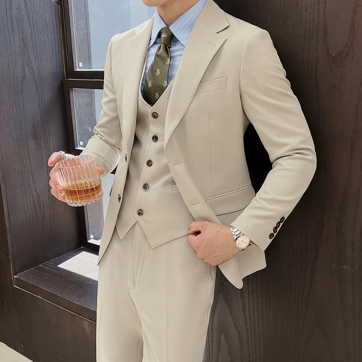 Terno fino e monocromático masculino, conjunto de três peças, smoking de casamento para noivo, colete e calça luxuosa, moda alta, estilo italiano