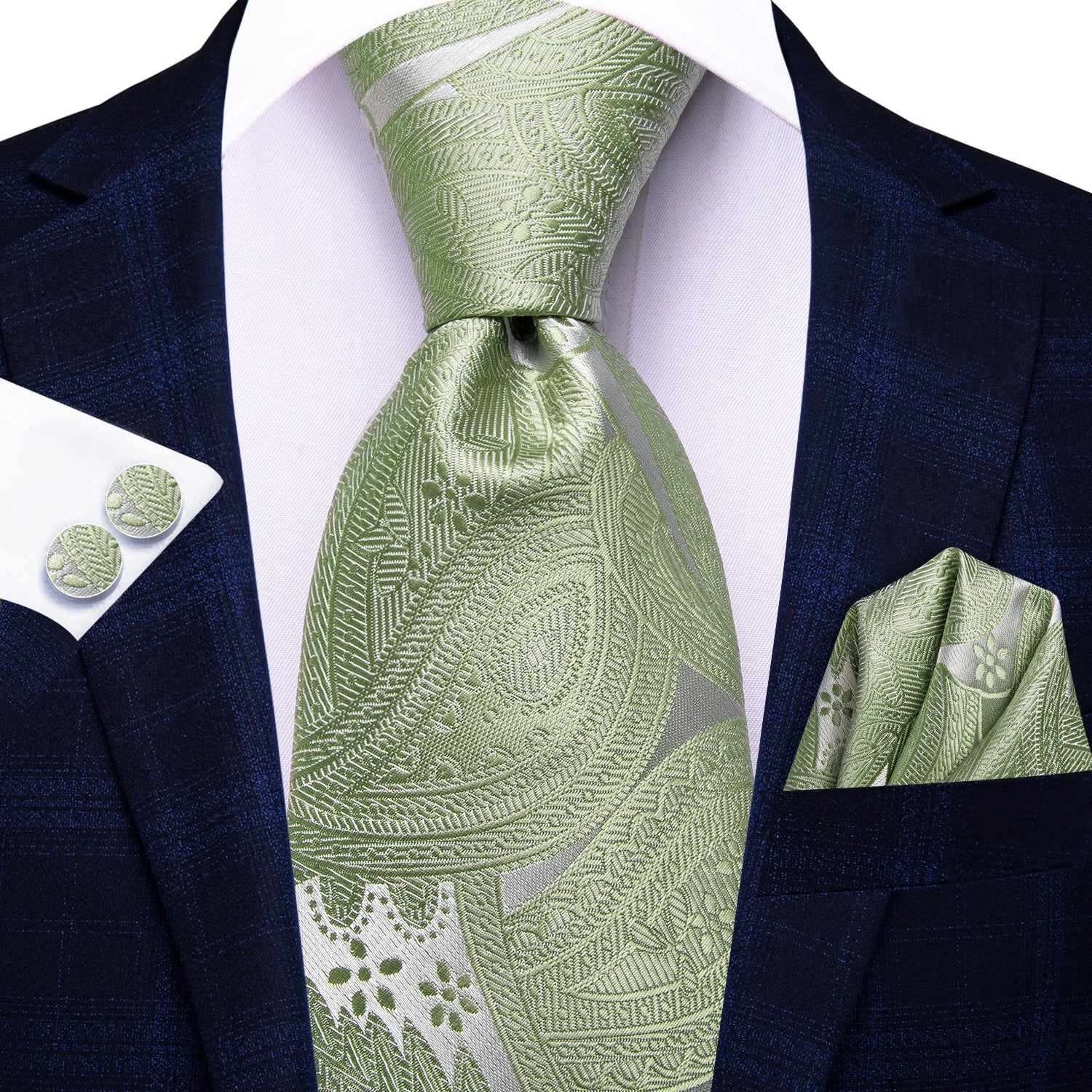 Hi-tie masculino elegante gravata lenço abotoaduras 3 pçs conjunto xadrez azul claro para smoking moda clássico seda luxo gravata para homem