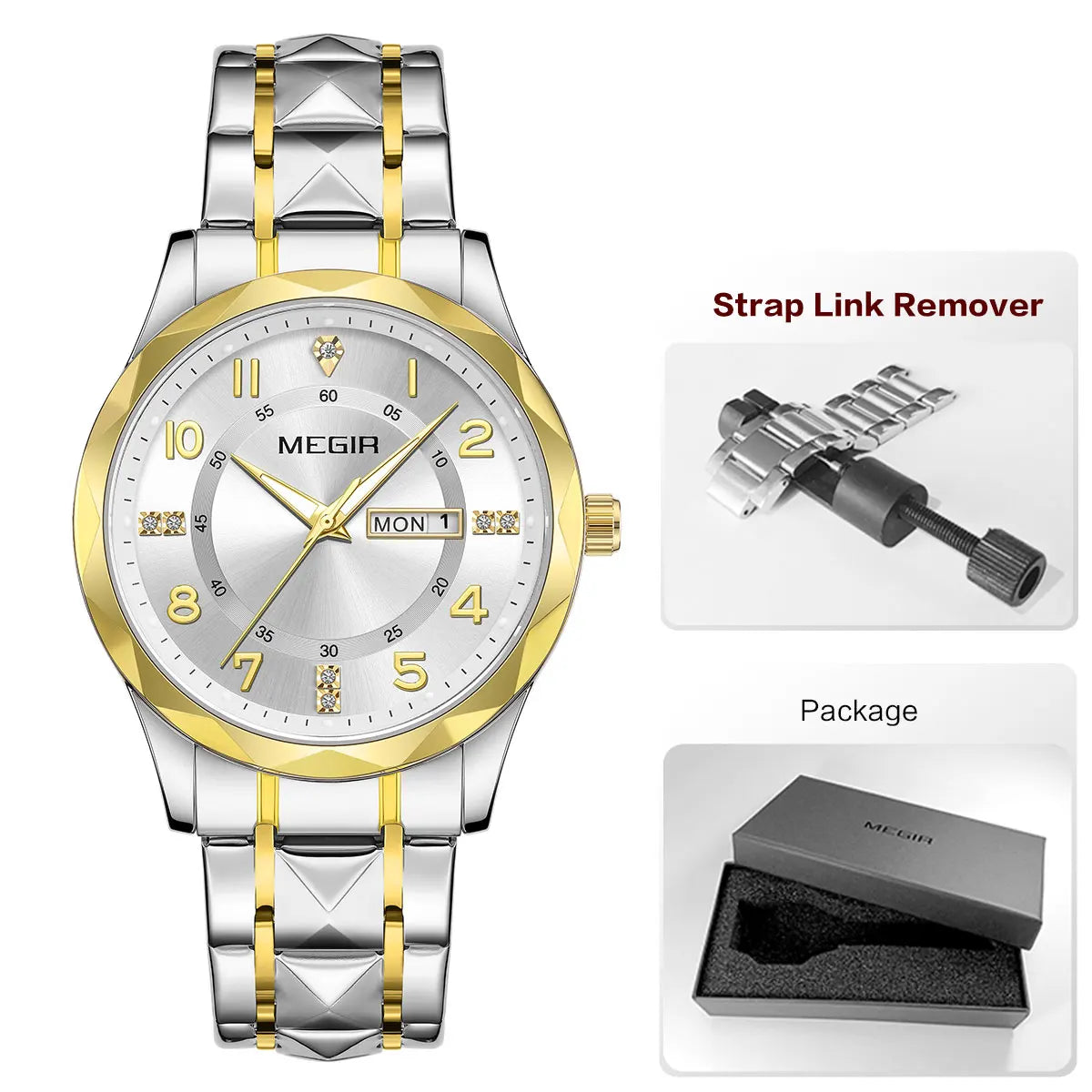 Megir relógio masculino de quartzo com pulseira de aço inoxidável, relógio de pulso estilo simples e data do dia, calendário, caixa de liga